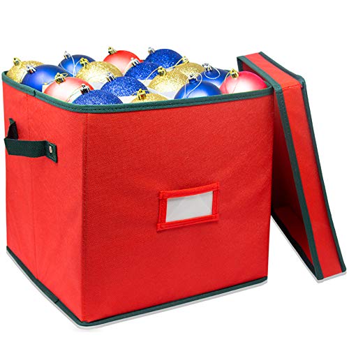 FamGo Christmas Ornament Storage Box with Lid - Adjustable Dividers - Holds up to 64 Round Ornaments - Holiday Storage- Red