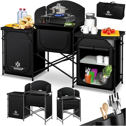 KESSER® Campingküche | Inkl. Tragetasche & Becherset | Campingschrank Faltschrank | mit Aluminiumgestell | Reiseküche | Küchenbox | Zeltschrank | Outdoor Camping Küche | Schwarz/Schwarz | Typ Big