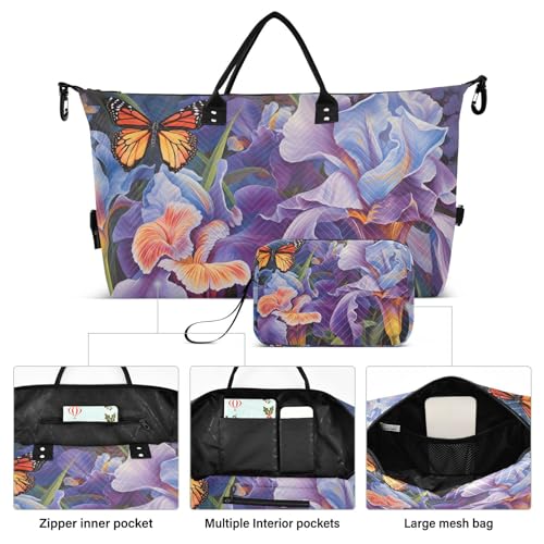 Large Travel Duffel Bag, Butterfly Purple Foral Sports Tote Gym Bag, Shoulder Weekender Overnight Bag for Women Men, Carry On Luggage with Toiletry Bags2