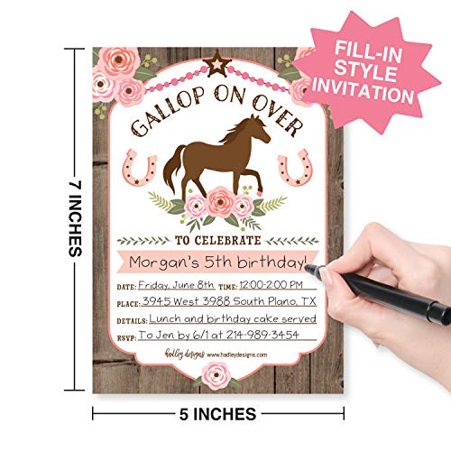 Image of Hadley Designs Kids Birthday Invitations Girl Pony Theme - 25 Horse Birthday Party Invitations For Girls, Gallop on Over Invites For Girls, Cute Ranch Party Supplies, Made in USA