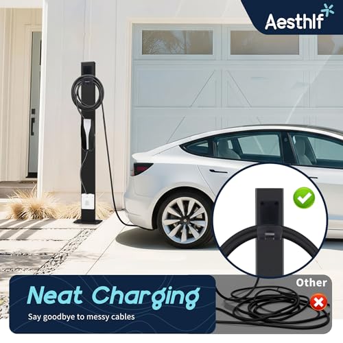 Image of Outdoor EV Charger Pedestal for Tesla & J1772 Charger with Hook | Heavy-Duty Rugged Stand, Anti-wobble Stable Base, Anti-Rust Finish, Handy Organizer Keeps Cable Tidy, Universal Compatibility