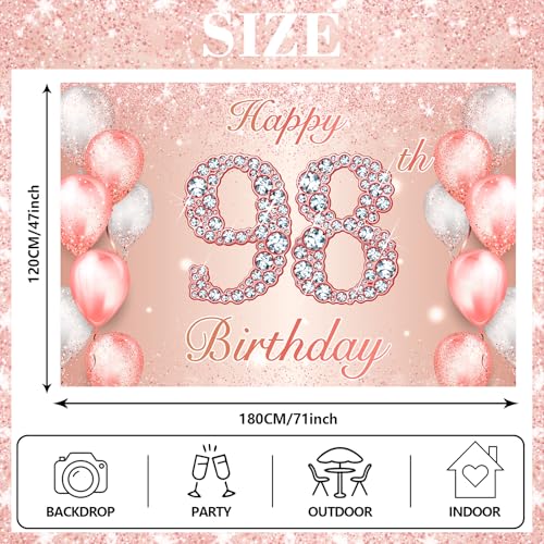 Image of Happy 98th Birthday Rose Gold Banner Cheers to 98 Years Old Backdrop Confetti Balloons Theme Decor for Women 98 Years Old Pink Birthday Party Decorations Bday Supplies Background Favors Gift Glitter