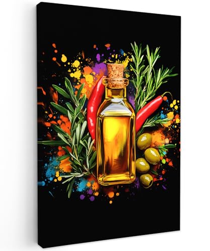 MuchoWow© Quadro Moderno Soggiorno 60x90 cm Decorazioni Da Parete Quadri Su Tela Da Salotto Grandi Foto Con Cornice Stampe Su Tela Camera Da Letto Olio d'oliva - Peperoncino - Olive