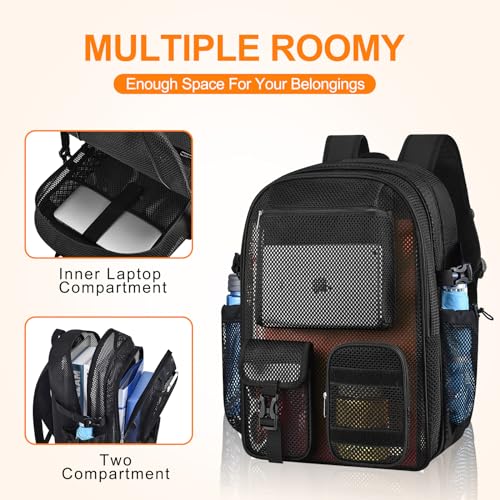 Mesh Backpack for School, 36L Heavy Duty Mesh Backpacks for Adults with Inner Laptop Compartment, Black Mesh Schoolbag for Outdoor Hiking Beach3