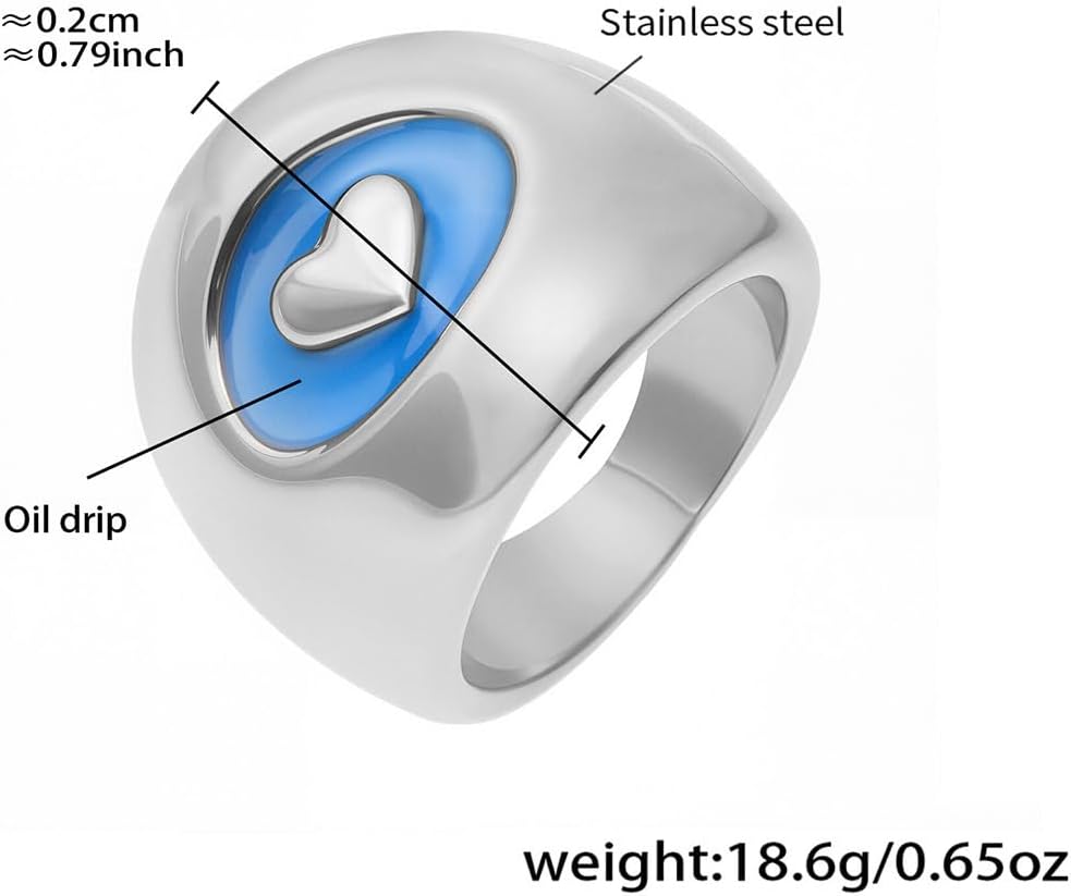 Kokoma Dainty Heart Statement Ring for Women Minimalist Stainless Steel Thick Chunky Dome Band Rings Blue Hearts Stacking Promise Bands Jewelry - Image 5