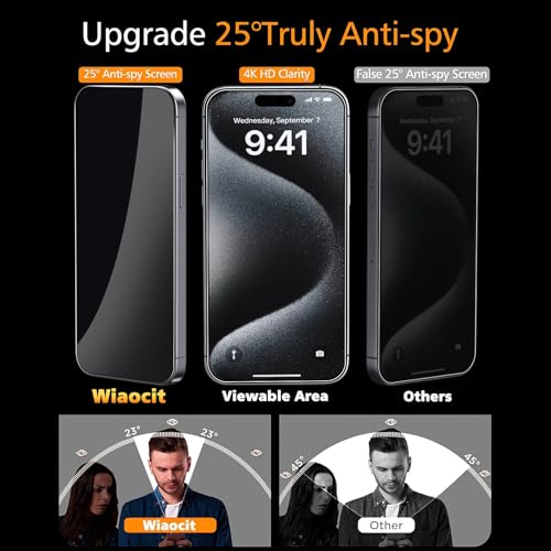 Image of Wiaocit 3 Pack Tempered Glass Privacy Screen Protector for iPhone 15 Pro Max with 3 Pack Camera Lens Protector, 9H Hardness, Bubble Free, Case Friendly