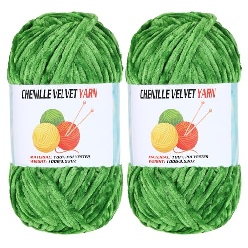 Image of 2 * 100g Velvet Chenille Chunky, Handcrafts Weaving Soft Chenille Yarn for Crocheting Clearance, Used for Making Baby Yarn Blanket, Clothes, Knitting Creations (Green)