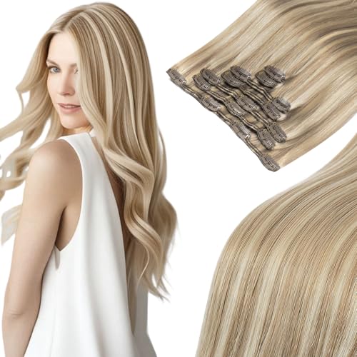 MEI YUAN LIN Clip In Hair Extensions Real Human Hair Ash Blonde Mix Bleach Blonde Silky Straight Remy Human Hair Clip In Extensions Thick Ends No Tangling For Women 20 Inch 120g 7pcs