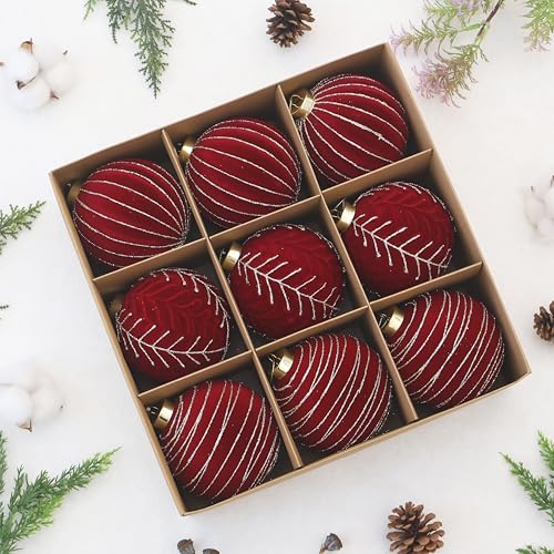 Image of 4inch Velvet Ornaments for Christmas Tree, 9PCS Glitter Flocked Christmas Ornaments Decorations Balls Set Decor Red