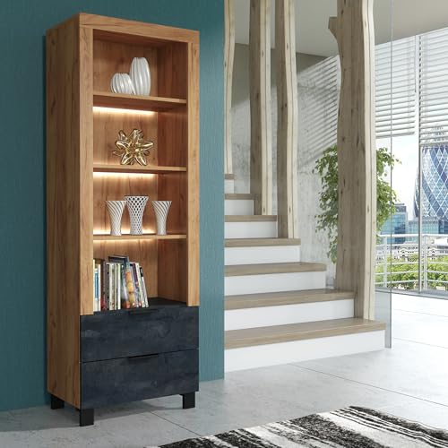 Furneo Enzo 08 - Vitrina, efecto roble y hormigón negro, armario de almacenamiento moderno con luces LED blancas