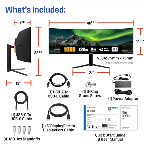Image of Westinghouse 49 Inch Curved Gaming Monitor, UWDQHD(5120 x 1440P), 3000:1 Contrast Ratio, 124% sRGB, 120Hz, 1800R, AMD FreeSync, Eyecare, Built-in Speakers, Tilt /Height /Swivel, HDMI, DisplayPort, USB-C
