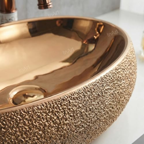 Image of Inart Table Top Premium Designer Ceramic Wash Basin /Vessel Sink for Bathroom 24 x 16 x 6 Inch Rose Golden Color Polished Finish