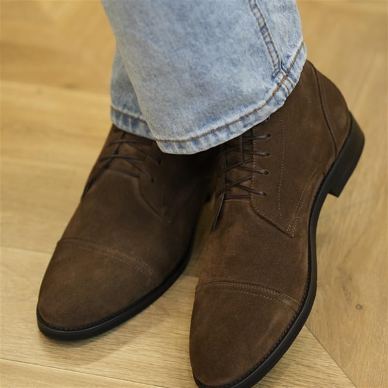 Men's High-Top Boots Suede Leather Shoes Adhesive Craft Leather Patchwork Pointed Toe Business Shoes Coffee Color Sole Trendy Dress Shoes