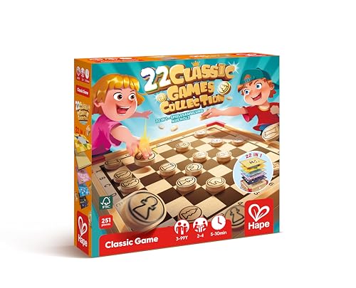 Hape Colección 22 Juegos Clásicos de Mesa para Familia y Viaje, Ajedrez, Ludo, Tres en Raya, Caja Portátil