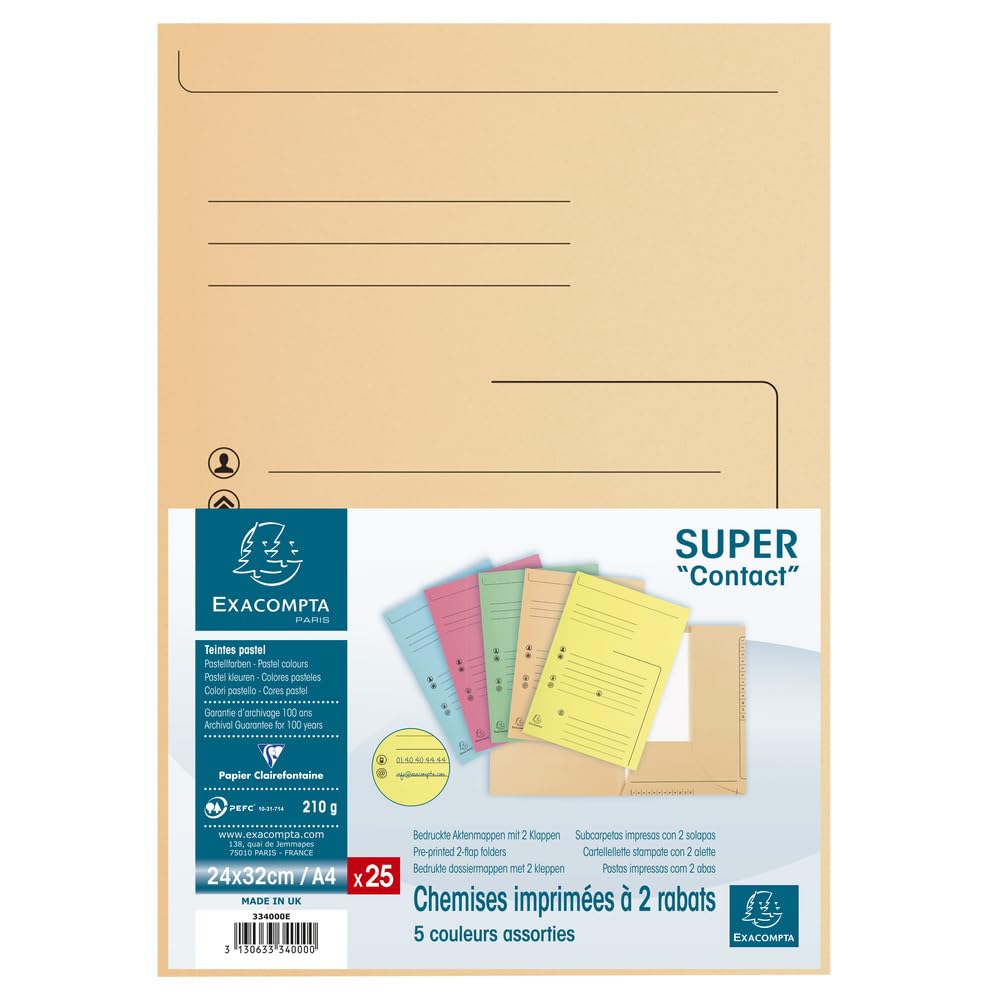 Exacompta - Ref. 334000E – Karton mit 5 Packungen mit je 25 Schnellhefter mit 2 Klappen SUPER 210 g/m² – Pastellfarben – PEFC™ zertifiziert – Maße: 24 x 32 cm für DIN A4-5 verschiedene Farben