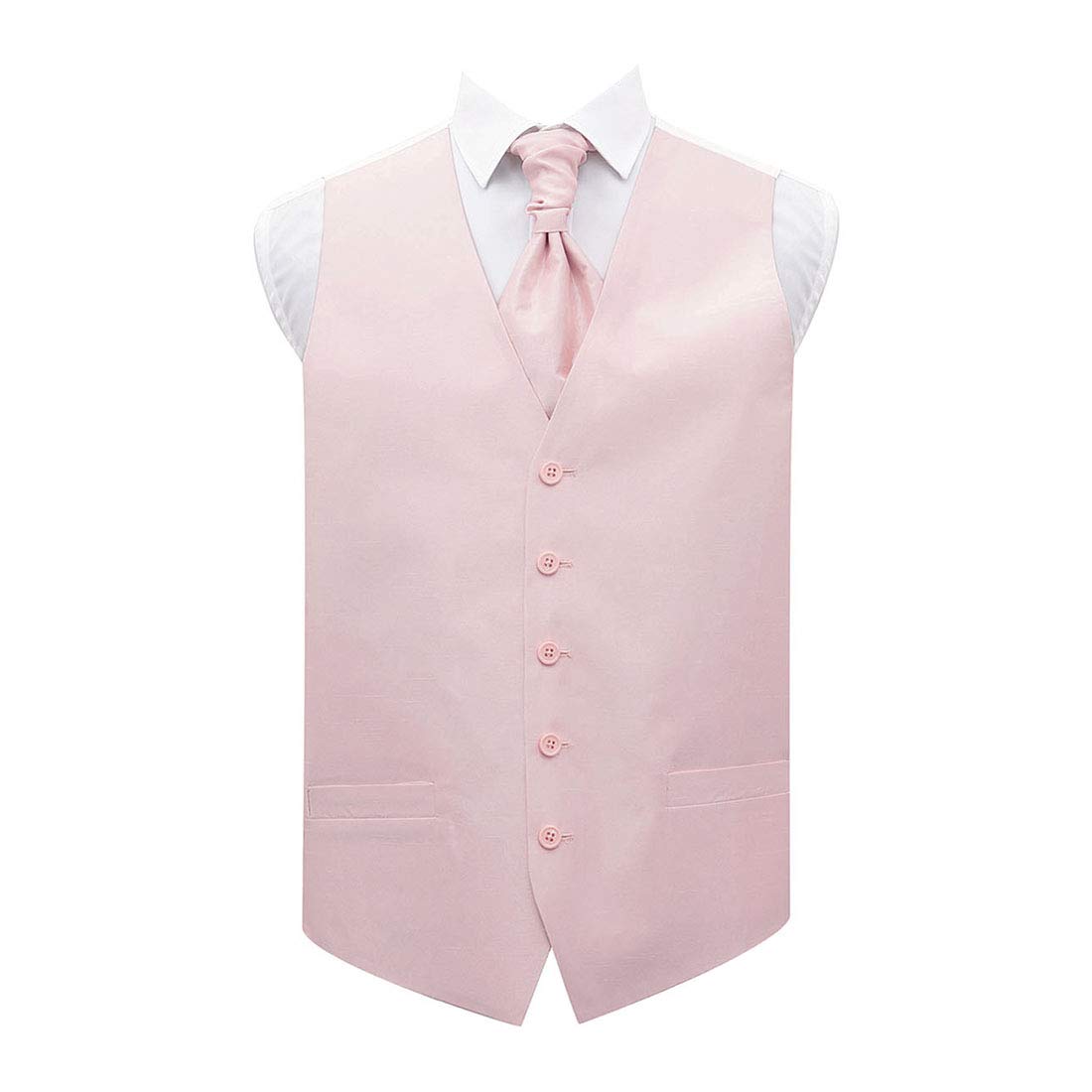 Dqt Men's Blush Pink Plain Shantung Waistcoat Cravat Pocket Square Cufflinks & Lapel Pin Set (5Pc) - Wedding, Business & Formal - 42" (Xl)