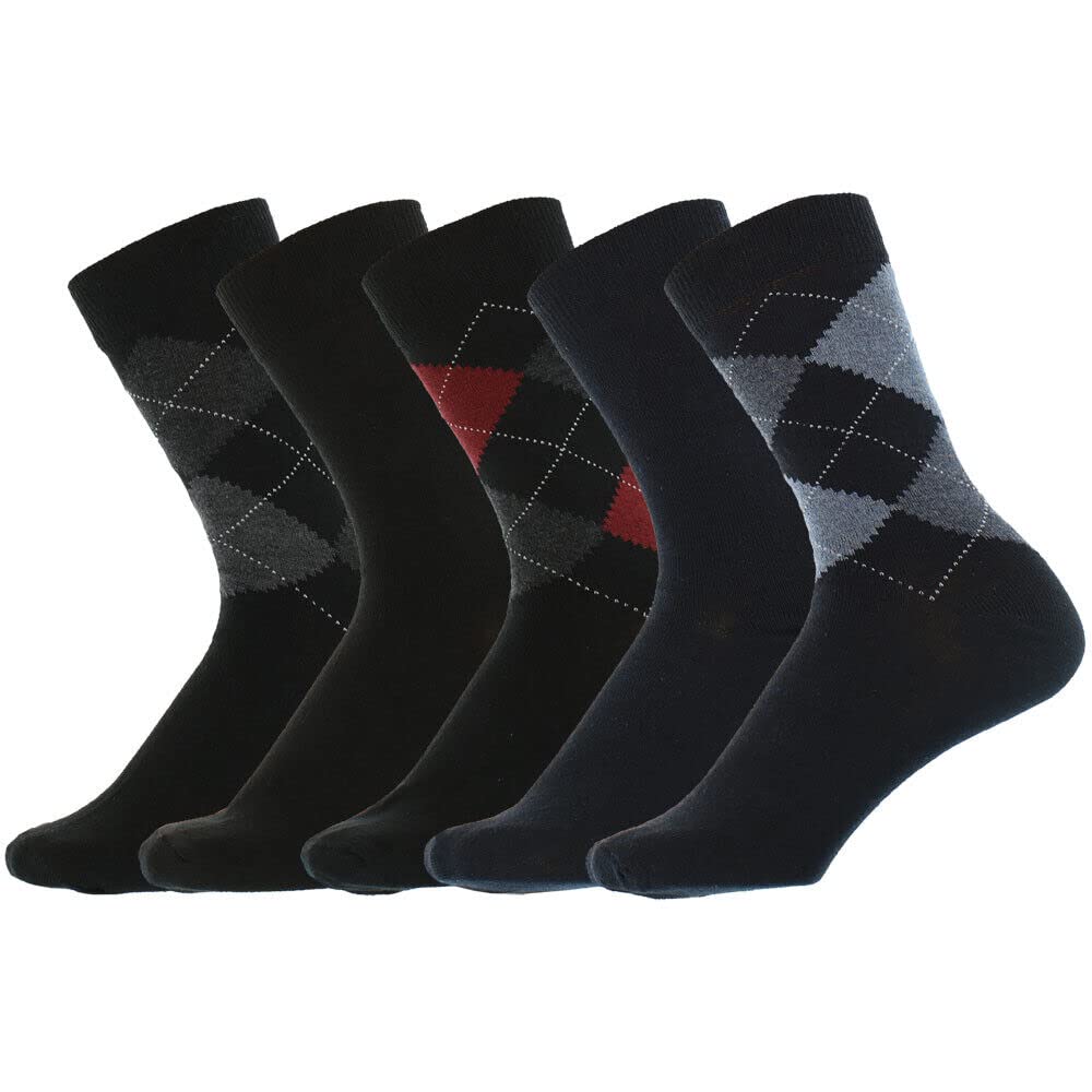 Liv Lingerie Men's Black/Blue Multipack 5 Pairs Smart Argyle Cotton Rich Socks Everyday Workwear Casual Trouser Multicoloured Older Boys Size Uk Big Foot Unisex Ladies Older Boys Adult (9-11, ,)