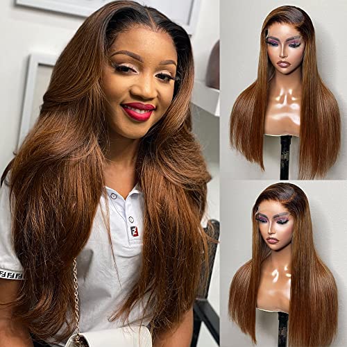 Human Hair Wigs Ombre 1B/30 Lace Front Wig Straight Full Lace Wigs Brown With Dark Roots Medium Size And Medium Brown Lace (18 inch, Lace Front Wig)