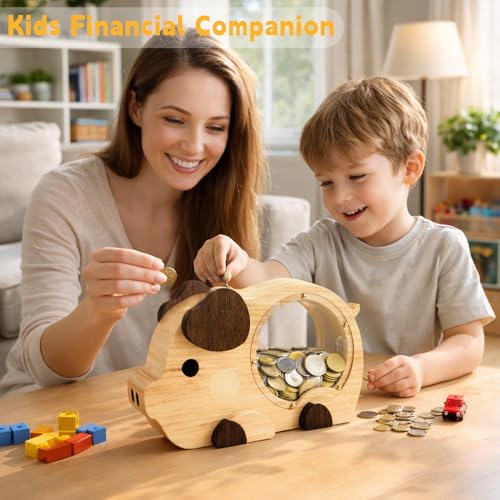 Image of Wooden Piggy Bank for Kids, Cute Money Bank for Boys, Clear Coin Bank with Plug, Wood Kids Bank Toy Unbreakable Money Box, Personalized Gift for Children Birthday Christmas and Festival