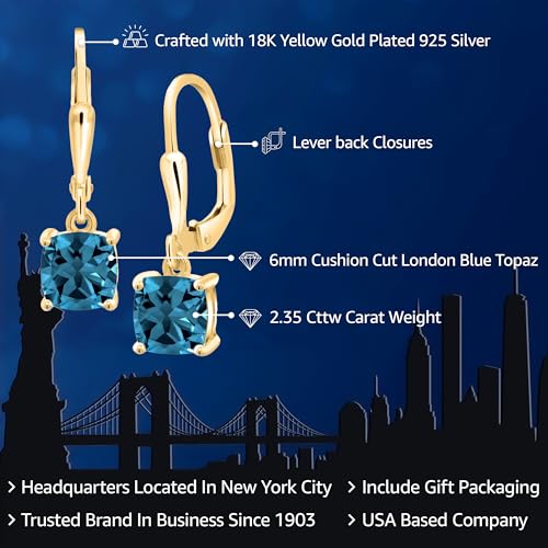 Gem Stone King 18K Yellow Gold Plated Silver 6MM Cushion Gemstone Birthstone Dangle Earrings For Women | Fine Jewelry Gifts for Her Mom Women Wife - Image 3