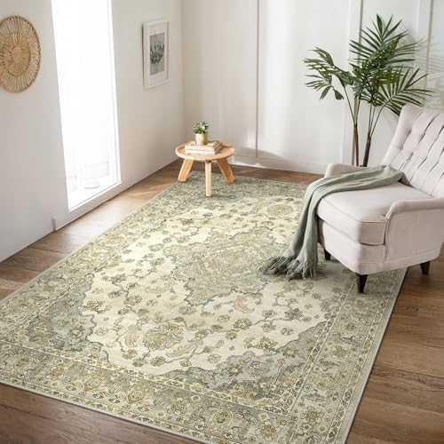 BEIMO Washable Rug for Living Room 120x170 cm, Area Rugs Non Slip Low Pile Indoor Carpet, Easy Care, Vintage Ornaments Ethnic, Green and Beige
