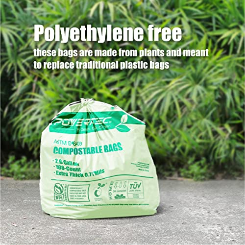 Powertec 100% Compostable Bags, 3 Gallon (11.35 Liter), 100 Count | Extra Thick 0.71 Mil Kitchen Food Scrap Waste Bags, Astm D6400, Us Bpi And European Ok Compost Home Certified #TOP3