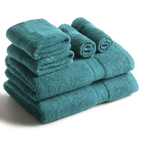 Sweet Needle 6-teiliges Handtuchset – 2 Badetücher, 2 Handtücher, 2 Waschlappen, Baumwolle, für den täglichen Gebrauch, Hotel-Spa-Qualität, weich, schnell saugfähig, leicht (Blaugrün)
