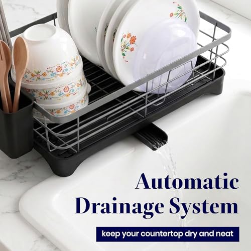 Image of Kuber Industries Stainless Steel Kitchen Drying Rack with Drain Tray & Cutlery Holder | Countertop Utensils Stand | Dish Rack for Kitchen | Bartan Stand | Gray