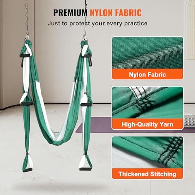VEVOR Aerial Yoga Swing Set, 2.7 Yards Yoga Hammock Hanging Swing Aerial Sling Inversion Fly Kit Trapeze Inversion Equipment with Ceiling Mount Accessories, Max 661.38 lbs Load Capacity, Green/White