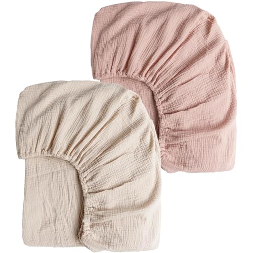 Image of Konssy Muslin Crib Sheets for Girl Boy, 2 PCS Soft and Breathable Cotton Baby Sheets for Standard Crib Mattress, 52 inchx 28 inch (Pink, Cream)