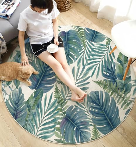 Tapis rond 160cm poil ras bleu-vert style jungle aquarelle - 6
