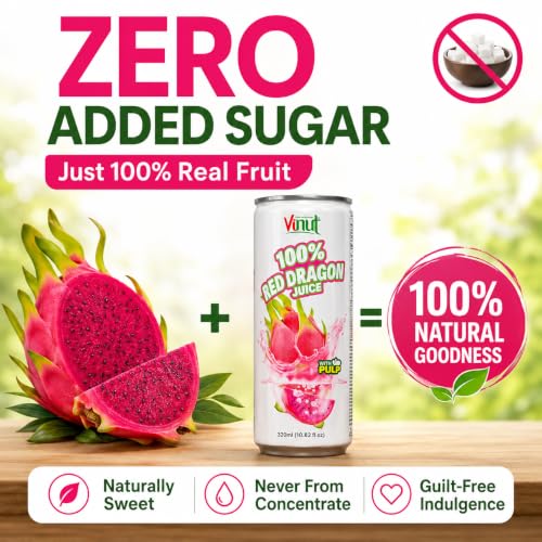 Image of VINUT 100% Red Dragon Fruit Juice with Pulp (Pitaya), No Added Sugar, Not From Concentrate, Gluten Free & Non-GMO Drink, 100% Vegan /Plant-Based, 10.82 fl oz Cans (Pack of 12)