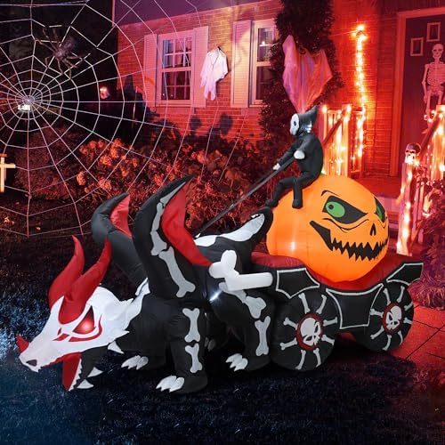 51dKb-QPBWL._AC_ Inflatable Halloween Carriage, Grim Reaper Sitting on Pumpkin and Driving Skeleton Dragon Carriage with Built-in LED Lights, Inflatable Halloween Outdoor Decorations