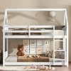 Twin Over Twin House Floor Bunk Bed with Headboards, Footboards and Guardrails, Ladder, Rubber Wood Bunk Bed with Safety Guardrails,White