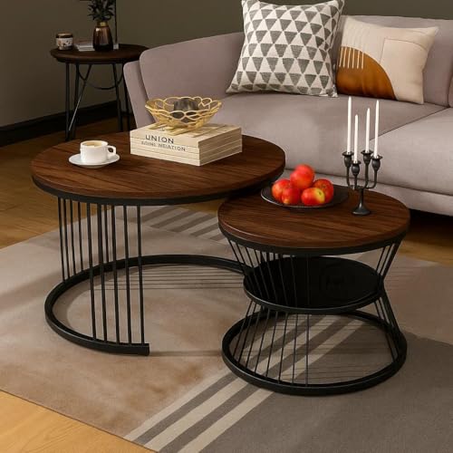Image of Roldo Modern Nesting Coffee Table Set of 2 for Living Room, Round Coffee & Side Table with Metal Frame and Marble Finish MDF Top, Center Table for Sofa, Home Decor Office & Apartment (Black Walnut)