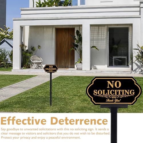 Image of No Soliciting Sign for House with Stake - 50-mil Thick Aluminum - 5x10 Inch /37 Inch High - Adjustable Height - Outdoor Yard Sign for Home and Front Door (A1512)