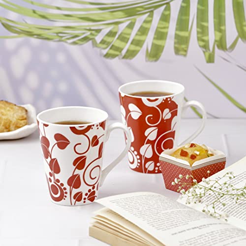 Image of Dandy Lines Conical Red and White Leaves, Ceramic Coffee Mug Set, Pack of 4, Microwave & Dishwasher Safe, Great for Home Use & Gifting