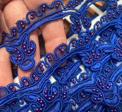 Embroidered Scallop Soutache Hand Sewn Trim 1.5" Glass Royal Purple Beads 1yd Fabric