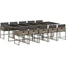 11 Piece Patio Dining Set with Cushions, Gray PE Rattan Outdoor Sectional Furniture for Garden Backyard, Tempered Glass Table and 10 Folding Backrest Chairs