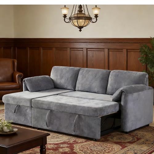 Tbfit 83'' Pull Out Sofa, 3 in 1 Sleeper Sofa Couch with USB & Storage Chaise, Comfy Sofa Bed with Pull Out Bed, Convertible Sleeper Sofas for Living Room, Small Spaces, Light Gray