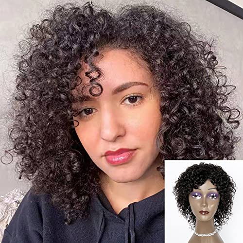 DMS Short Curly Afro Wigs Human Hair Wigs for Black Women Machine Made Wigs Short Curly Wigs for Black Women Brazilian Human Hair Curly Afro Wigs Wet And Wavy Wig Curly Full (10 Inch, side part Black)