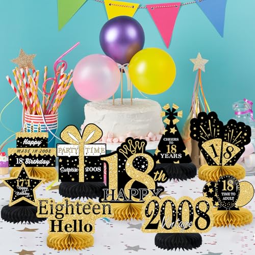 Image of 9Pcs Black Gold 18th Birthday Decorations Honeycomb Centerpieces for Boys Girls,Happy 18th Birthday Centerpieces Tables Toppers Party Decorations Supplies,Vintage 2008 Aged Table Sign Decor