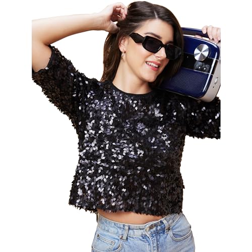 Image of Globus Women Black Embellished Round Neck Party Top-3639444001