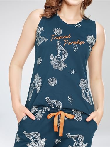 Image of ZEYO Night Suit for Women's Floral & Cheetah Printed Cotton Night Dress of Top and Short's Set 5737