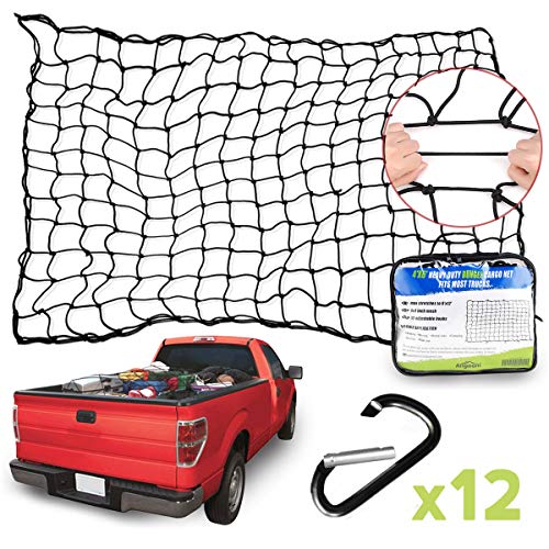 Angooni Truck Bed Cargo Nets | 4x6 Ft Stretches to 8x12 Ft for Pickup Truck, 4 x4  Small Mesh Holes Heavy Duty Bungee Cargo Net with 12 Premium Metal Carabiner Clips