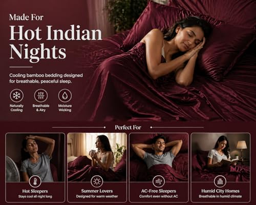 Image of Noare Cooling Bamboo Bedsheet King Size for Double Bed - Breathable & Ultra Soft Summer Bedding Set with 1 Fitted Bedsheet and 2 Pillow Covers - Luxury Cooling for Hot Sleepers | Wine Red.