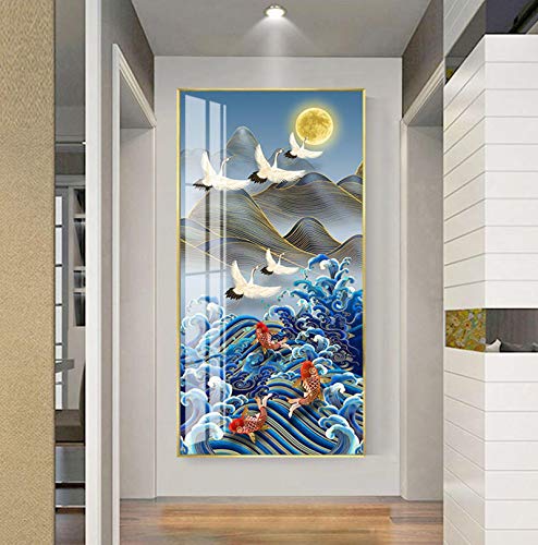 Toile grue et wapiti bleu pour sublimer le mur du salon avec une affiche style chinois 50x100cm