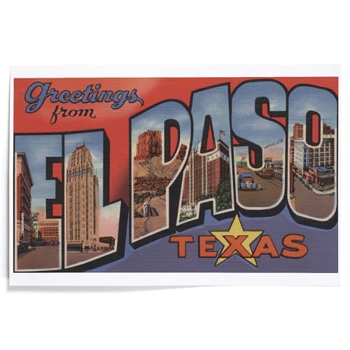 Lantern Press 12x18 Inch Art Print Wall Decor, Greetings from El Paso, Texas (Red/Blue)