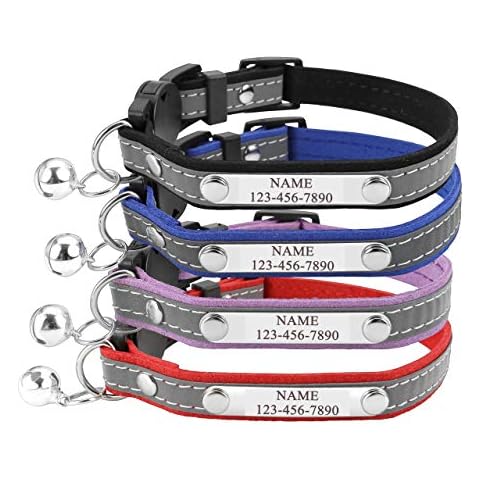 Mogoko Personalized Breakaway Cat Collar, Reflective Customized Kitten Pet Collar with Engraved ID Name Plate and Bell(Purple) 7.8"-10.6" Neck Cover