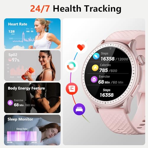 Image of Smart Watch for Men Women Answer /Make Call, 1.46'' AMOLED Ultra-Clear Screen Fitness Tracker with Heart Rate /Sleep /SpO2 Monitor, 3ATM Waterproof Smartwatch for iPhone /Samsung /Android, 110+ Sport, Pink